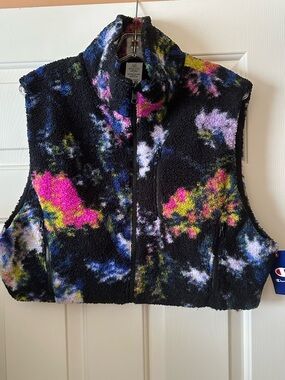 Champion Floral Black Sherpa Cropped Fleece Vest with Neon Accents Small